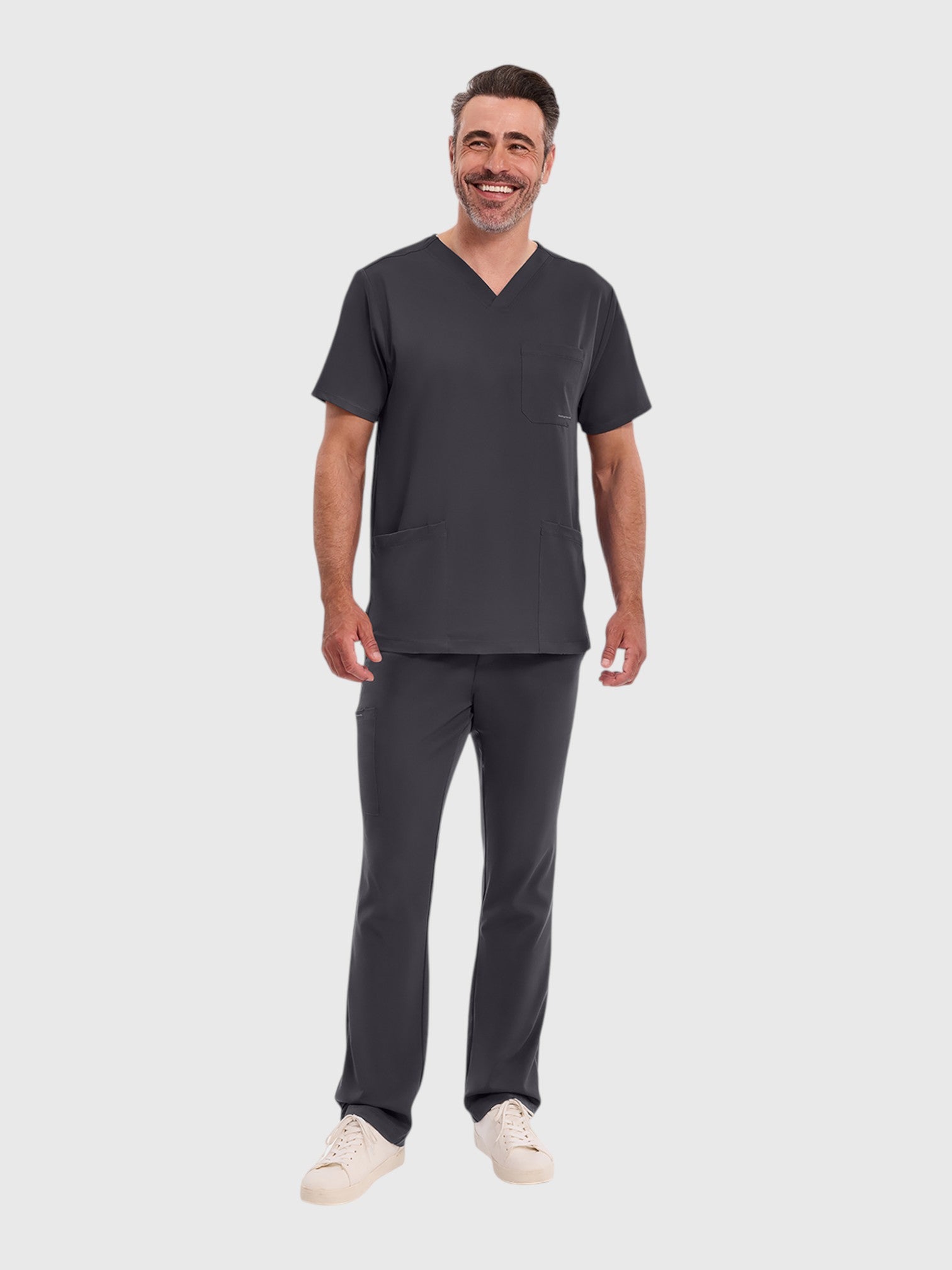 V-Neck Top | Cargo Pant 10 Pocket Men's Scrub Set#Color_Pewter