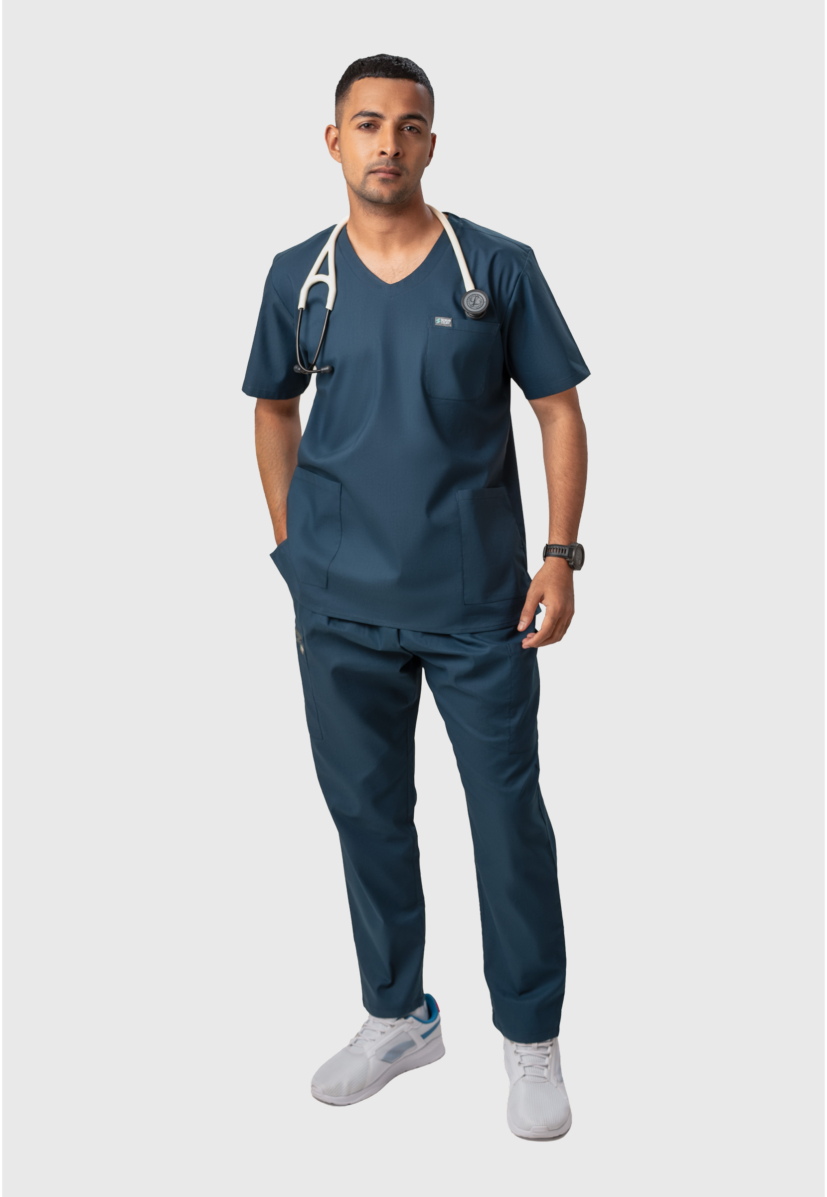 Modern V-Neck Top | Straight Pant 7 Pocket Men's Cotton ScrubSet#Color_Air Blue