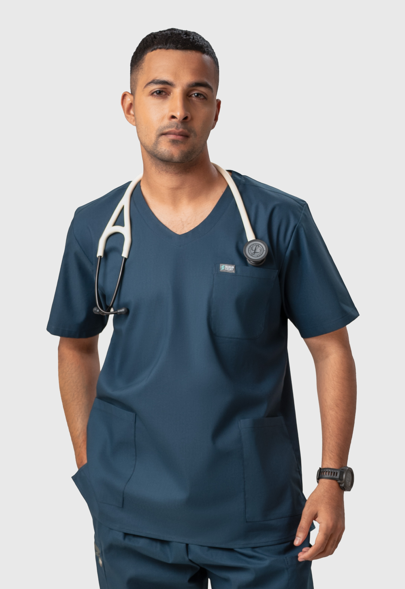 Modern V-Neck 3 Pocket Men's Cotton Scrub Top#Color_Air Blue
