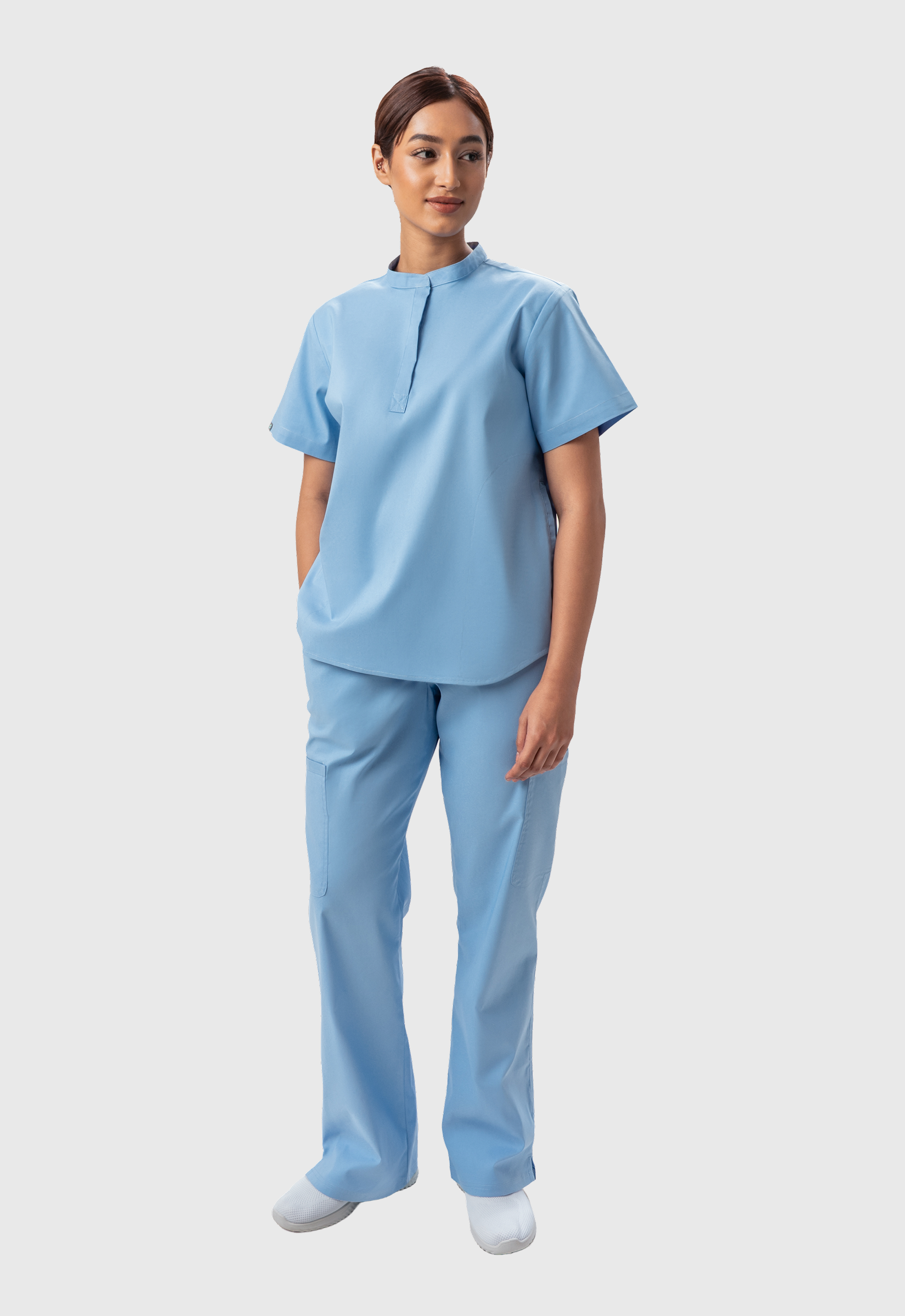 Mandarin Collar Top | Wide Leg Pant 7 Pocket Women's Cotton ScrubSet#Color_Ceil Blue