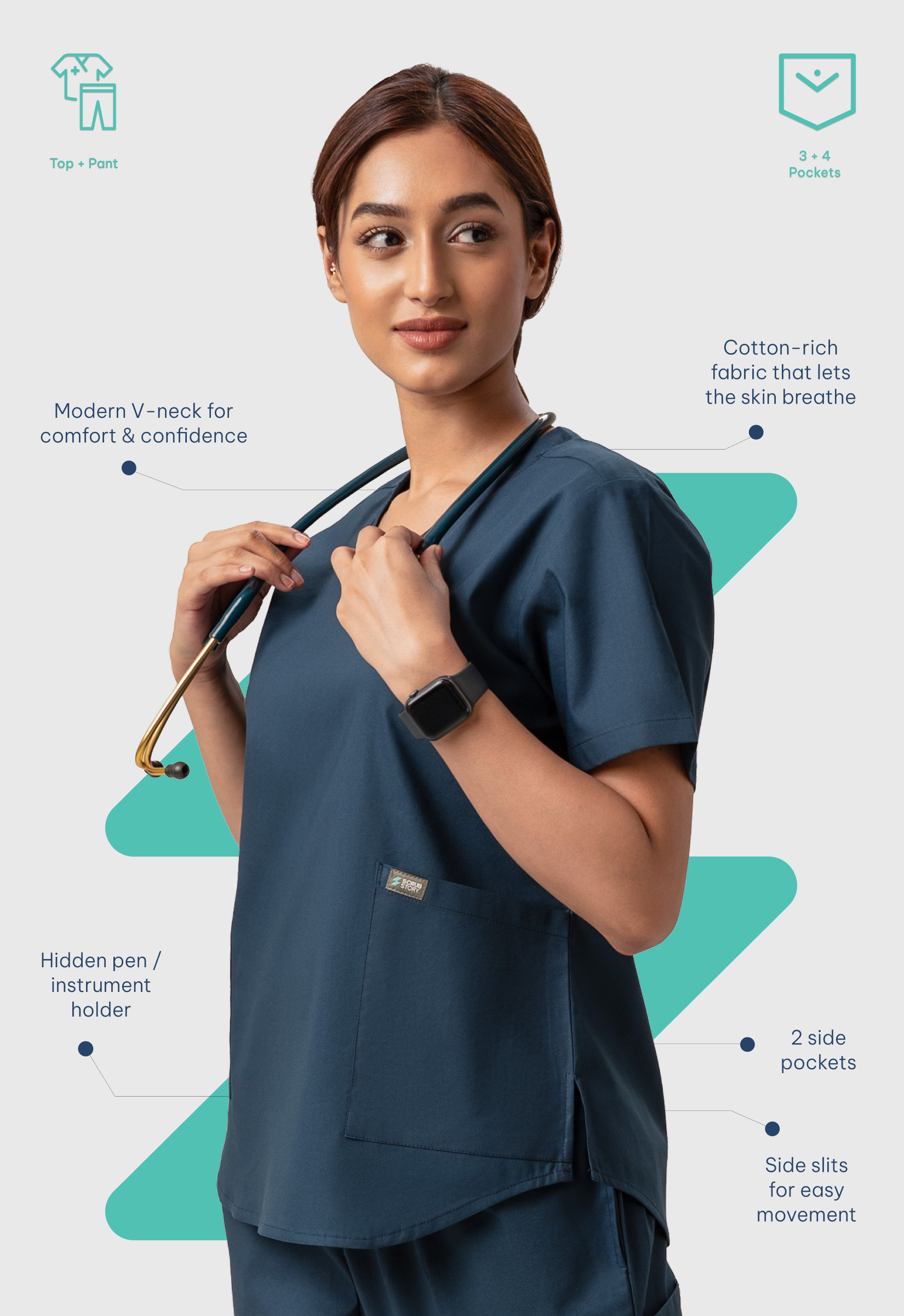 Modern V-Neck Top | Straight Pant 6 Pocket Women's Cotton ScrubSet#Color_Air Blue