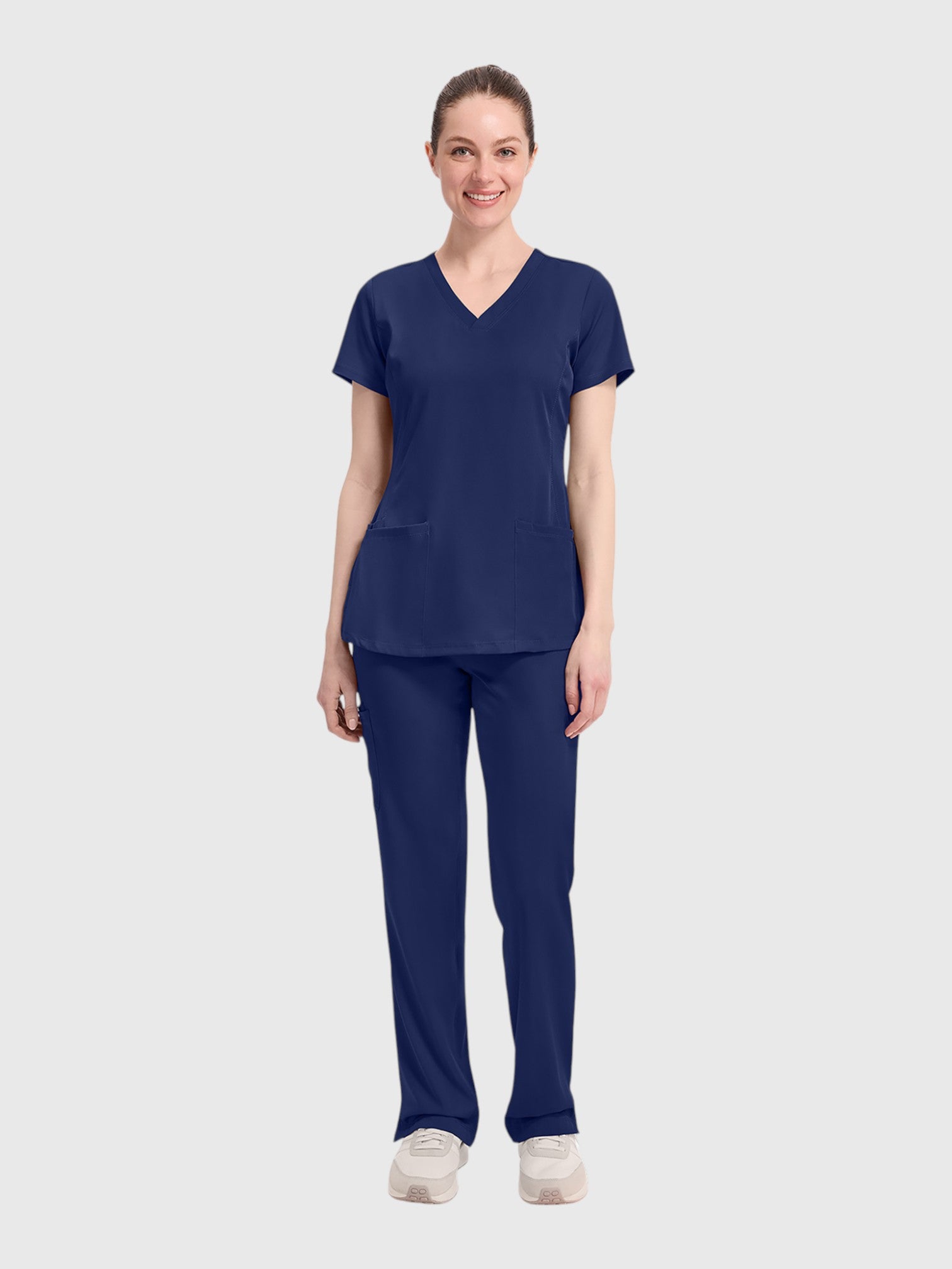 V-Neck Top | Cargo Pant 10 Pocket Women's Scrub Set#Color_Navy