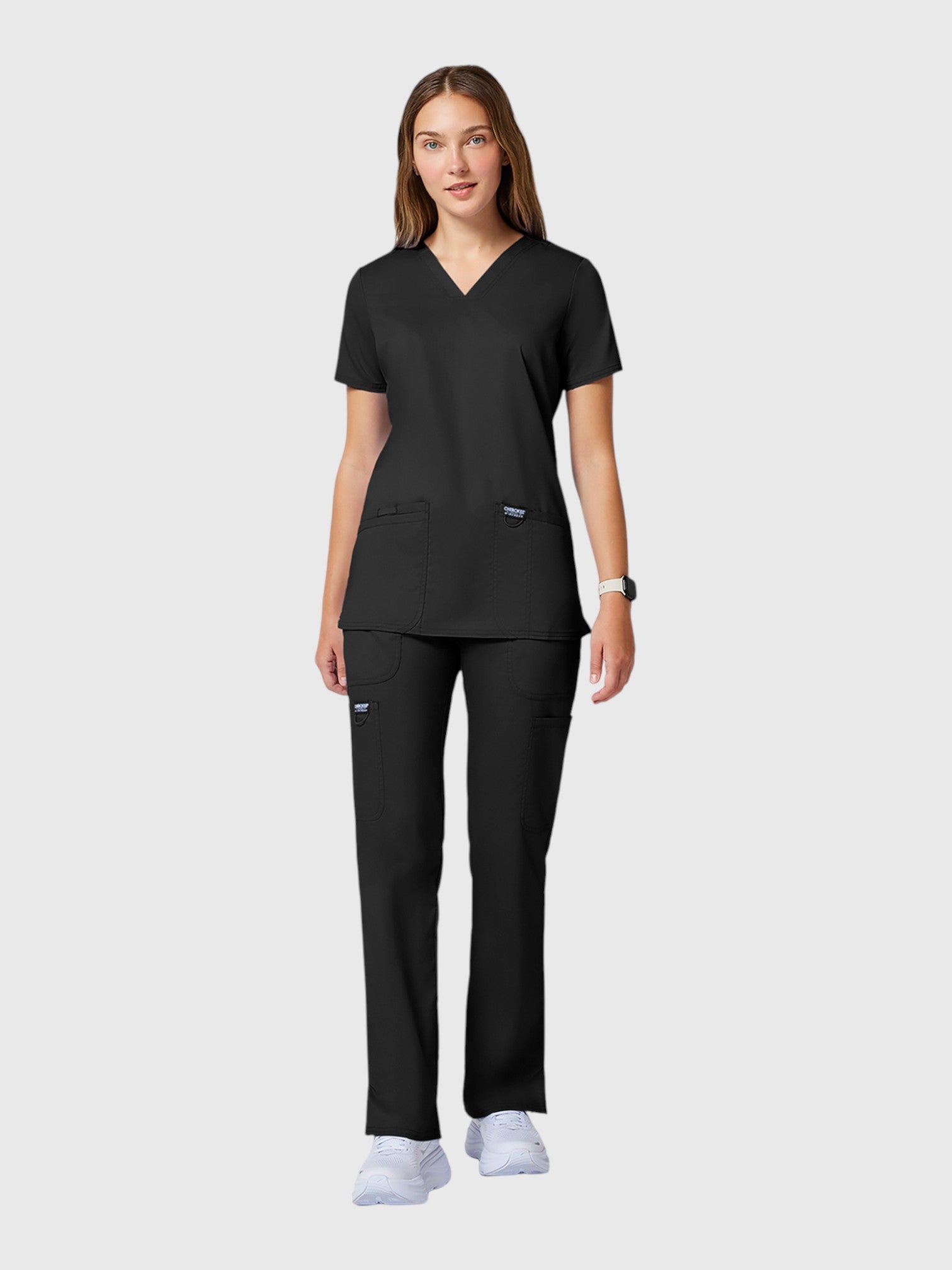 V-Neck Top | Tapered Leg Drawsting Pant 8 Pocket Women's Scrub Set#Color_Black