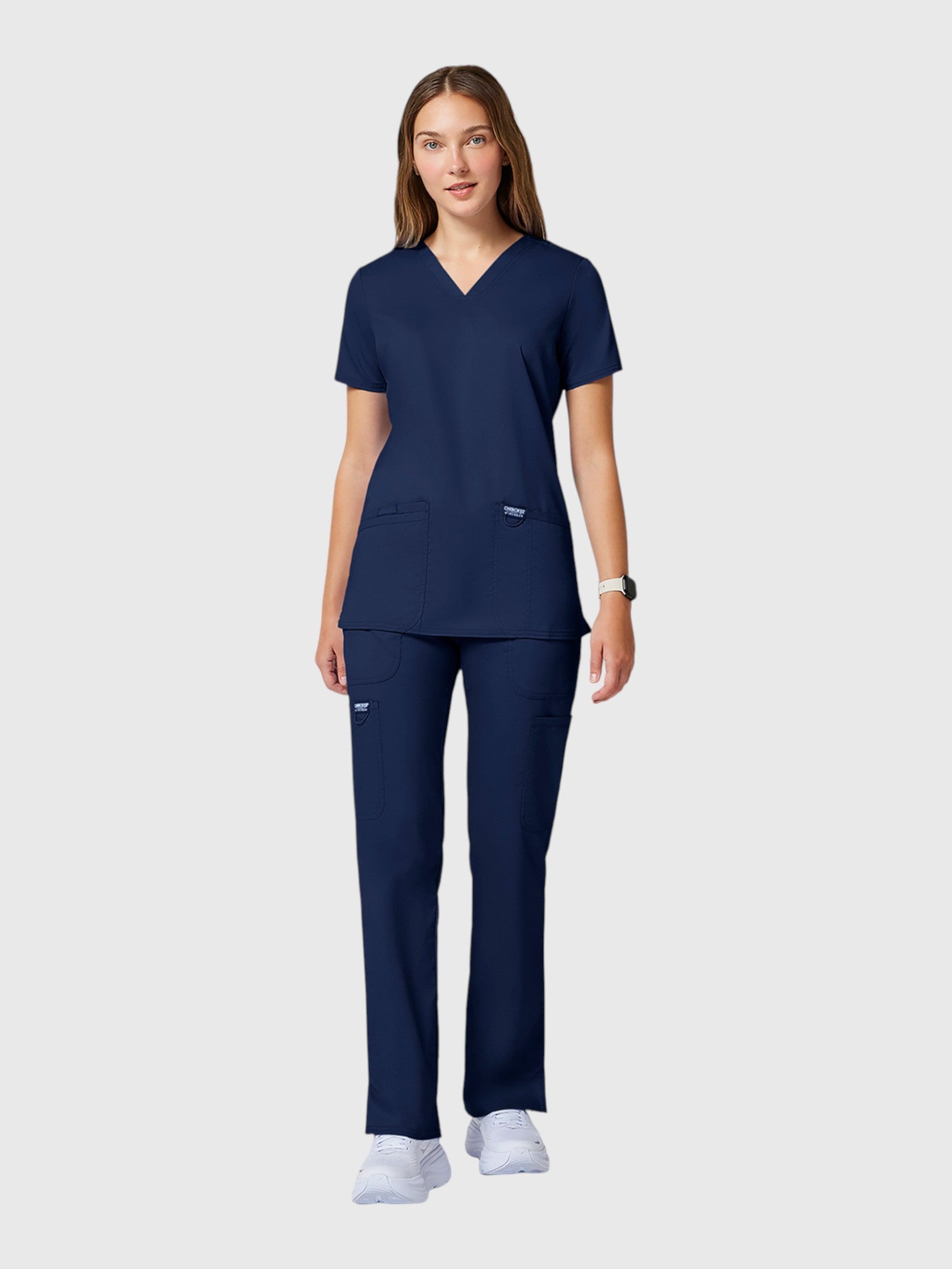 V-Neck Top | Tapered Leg Drawsting Pant 8 Pocket Women's Scrub Set#Color_Navy Blue