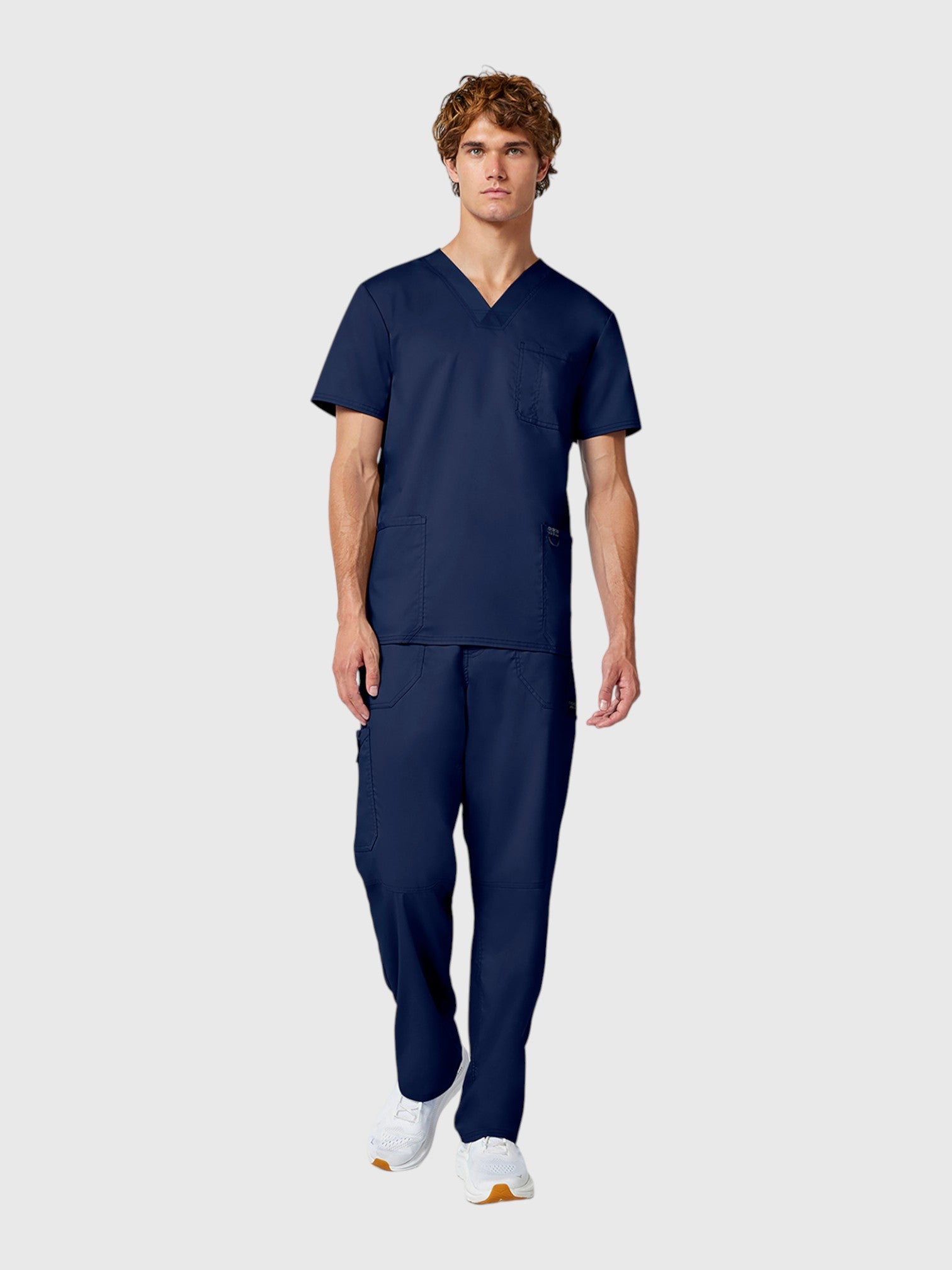 V-Neck Top | Mid Rise Tapered Pant 10 Pocket Men's Scrub Set#Color_Navy Blue