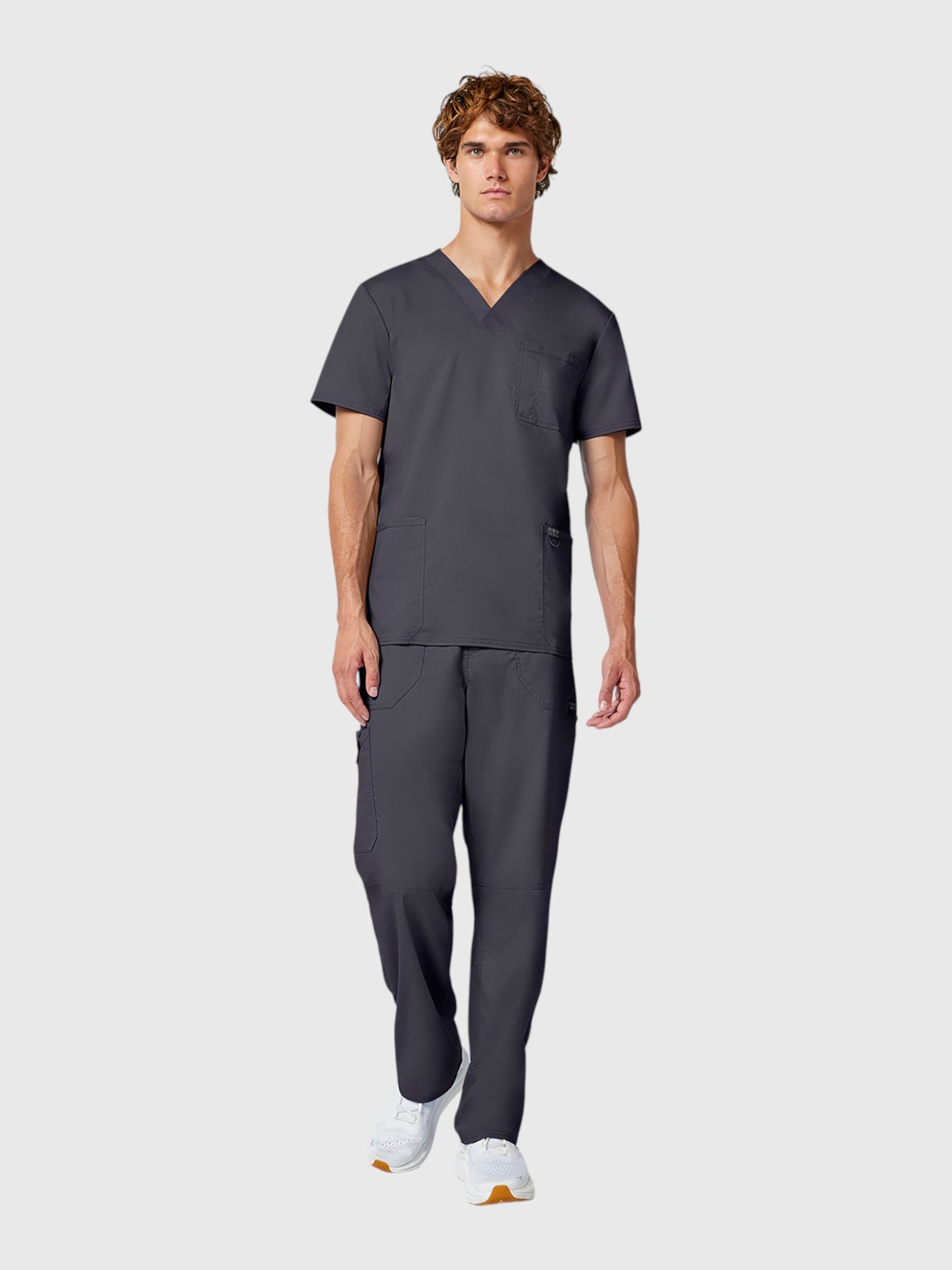 V-Neck Top | Mid Rise Tapered Pant 10 Pocket Men's Scrub Set#Color_Pewter