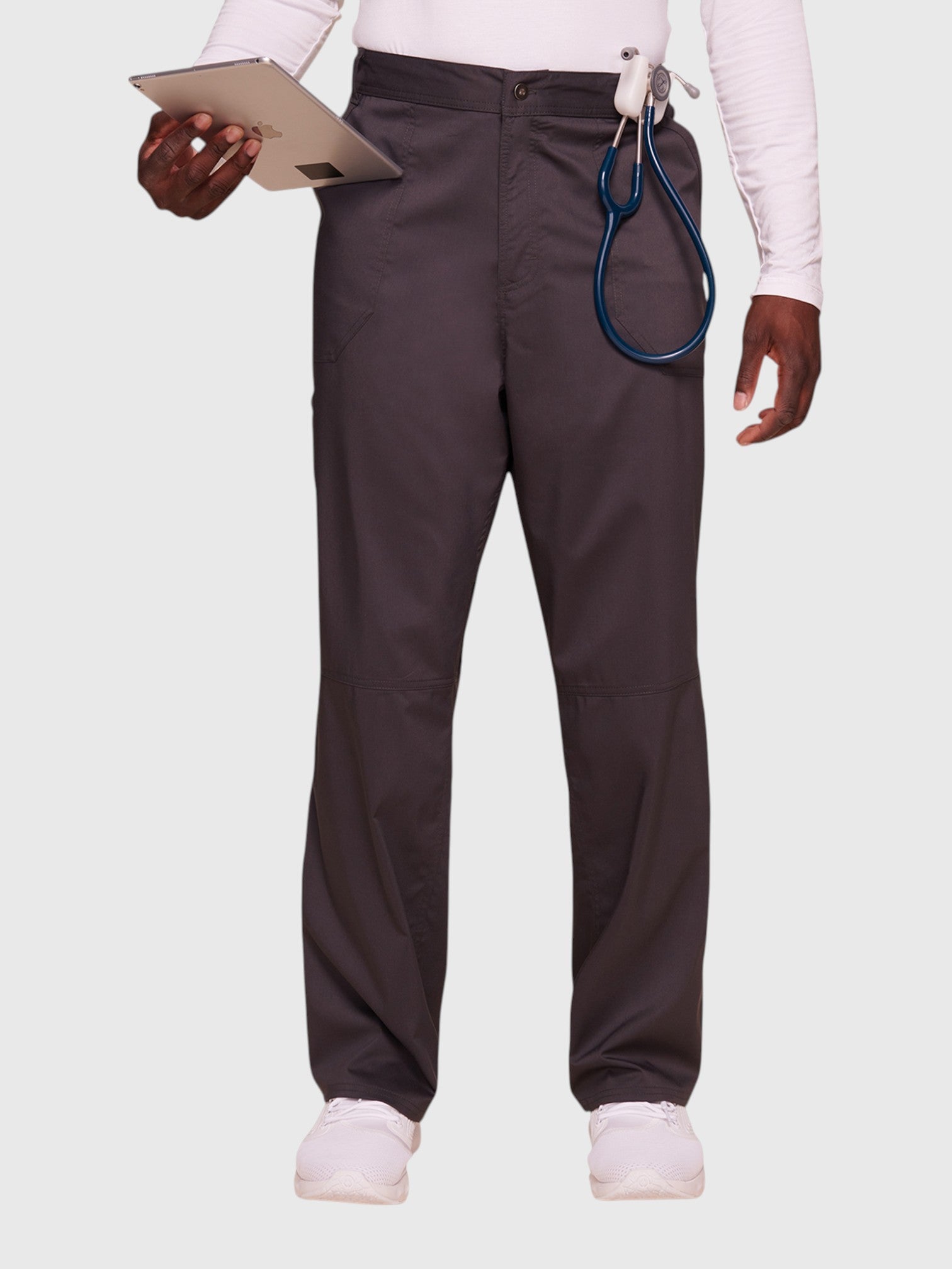 V-Neck Top | Mid Rise Tapered Pant 10 Pocket Men's Scrub Set#Color_Pewter