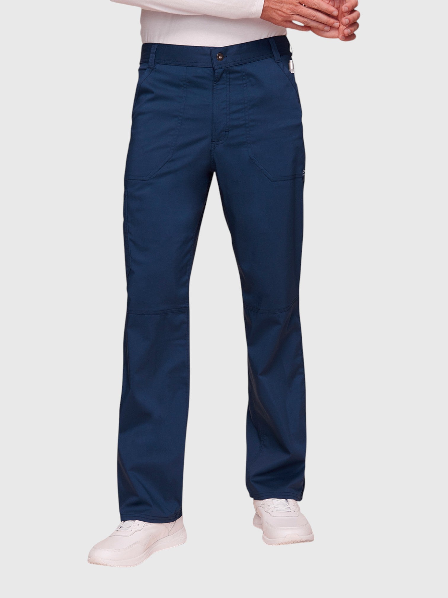 V-Neck Top | Mid Rise Tapered Pant 10 Pocket Men's Scrub Set#Color_Navy Blue