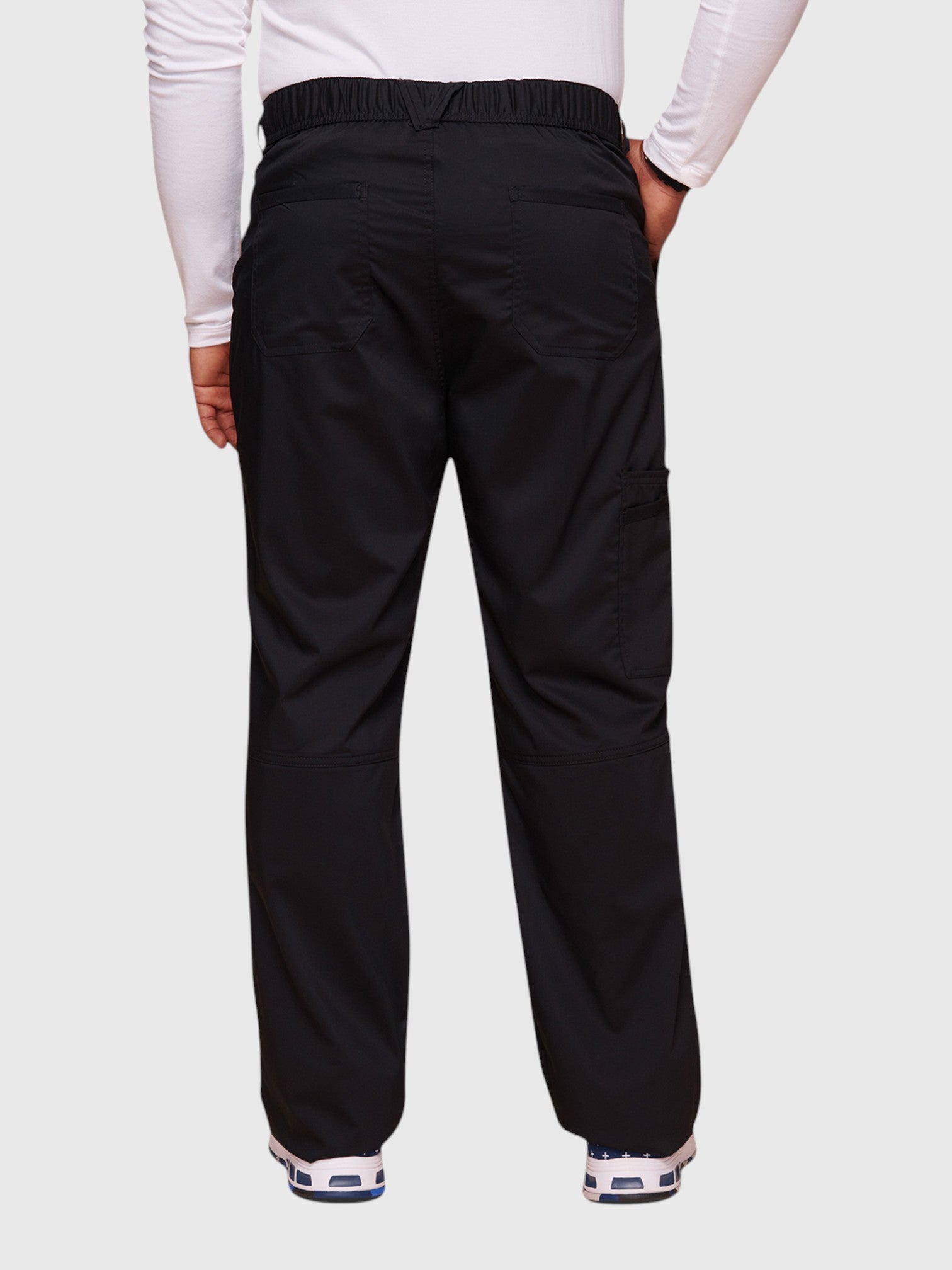 V-Neck Top | Mid Rise Tapered Pant 10 Pocket Men's Scrub Set#Color_Black