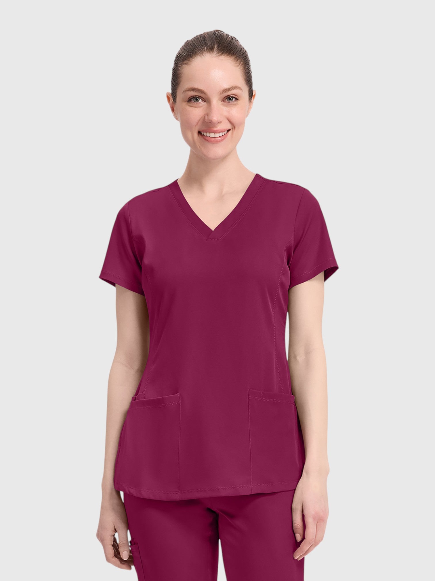 V-Neck Top | Cargo Pant 10 Pocket Women's Scrub Set#Color_Wine