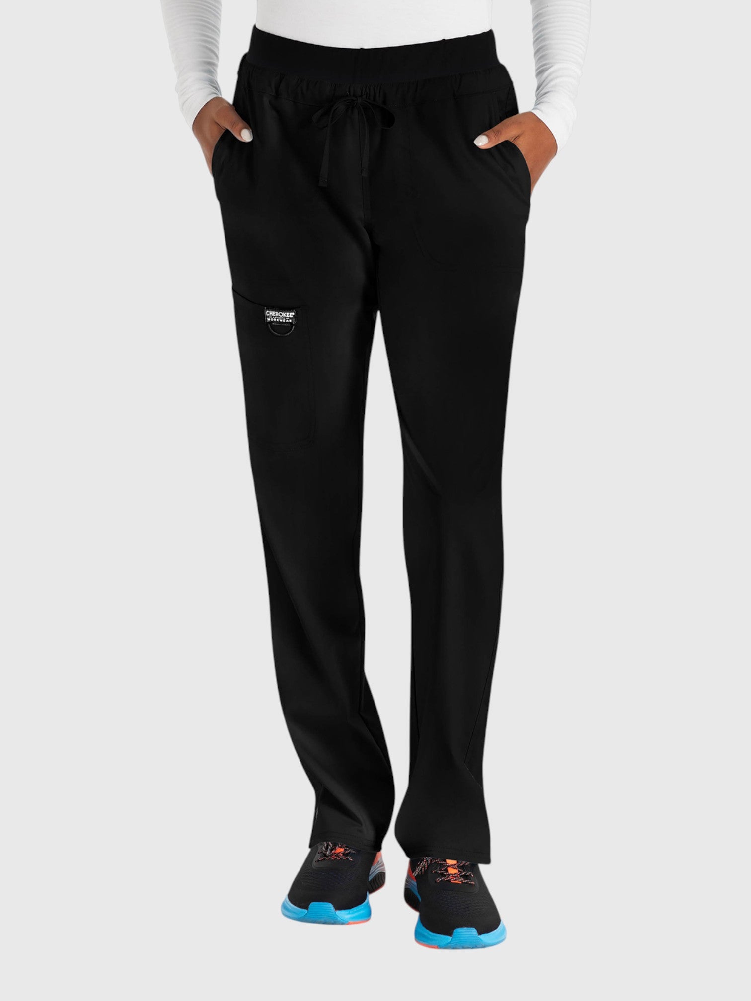 Tapered Leg Drawstring 5 Pocket Women’s Scrub Pant#Color_Black