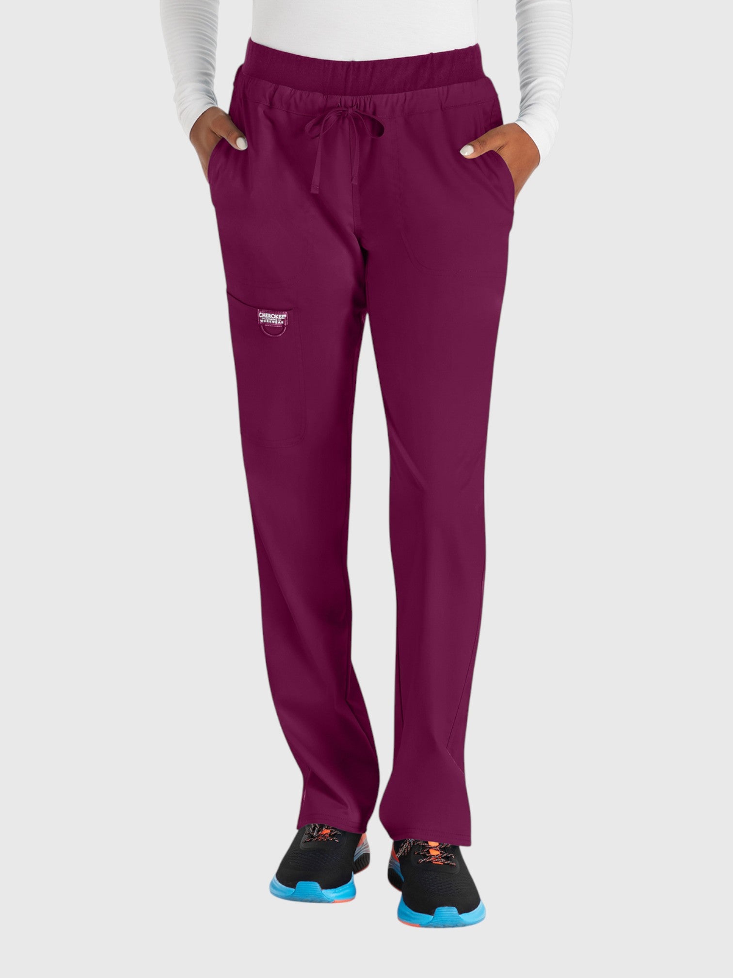 Tapered Leg Drawstring 5 Pocket Women’s Scrub Pant#Color_Wine