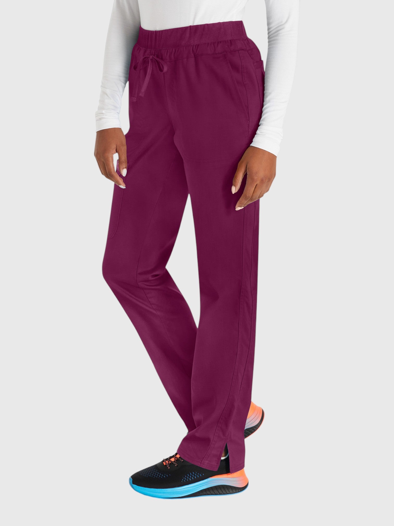 Tapered Leg Drawstring 5 Pocket Women’s Scrub Pant#Color_Wine