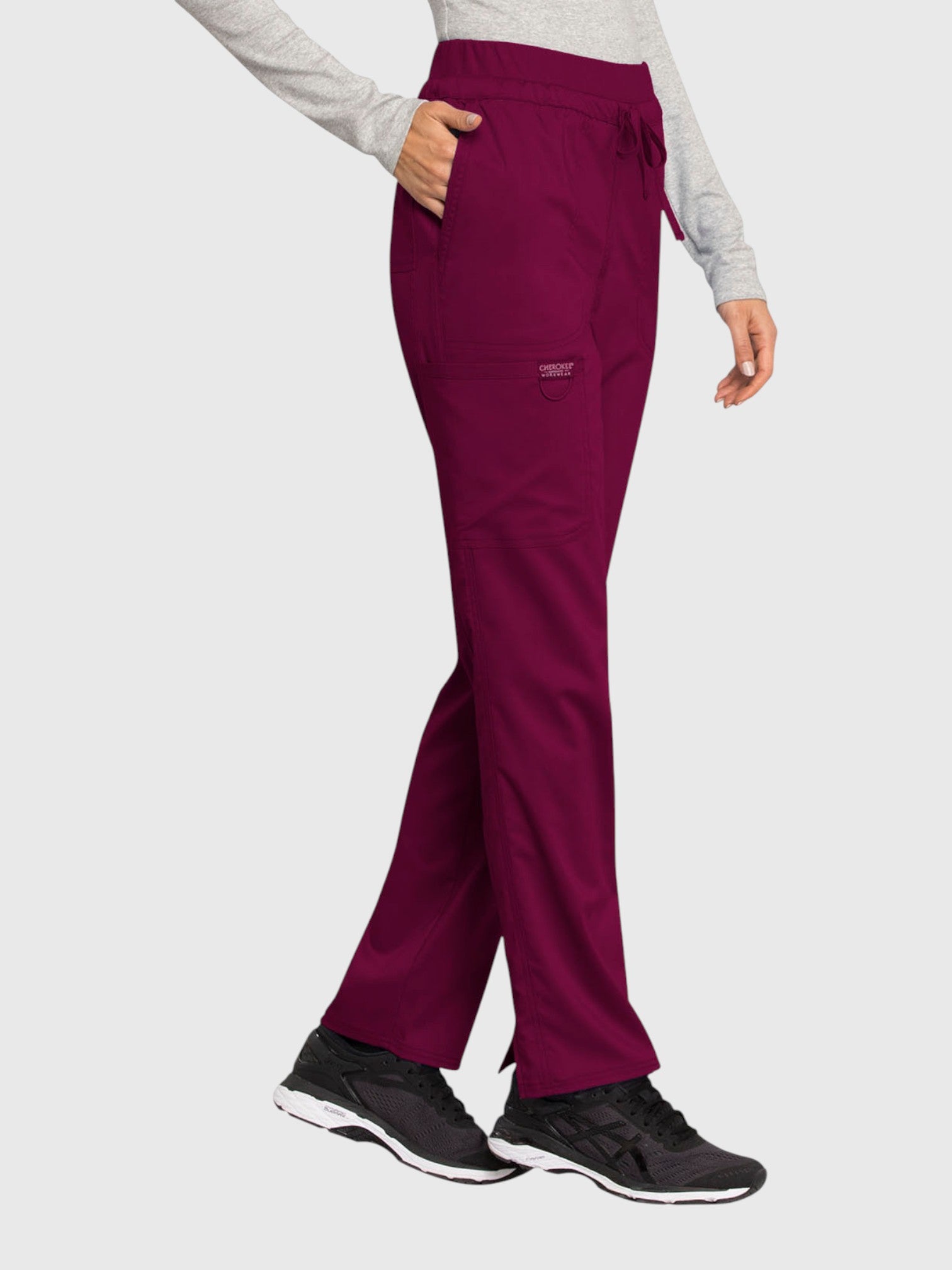 Tapered Leg Drawstring 5 Pocket Women’s Scrub Pant#Color_Wine