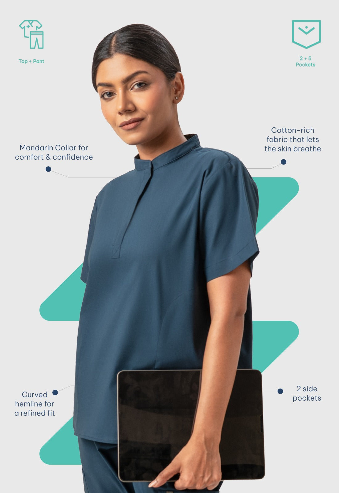 Mandarin Collar Top | Wide Leg Pant 7 Pocket Women's Cotton ScrubSet#Color_Air Blue