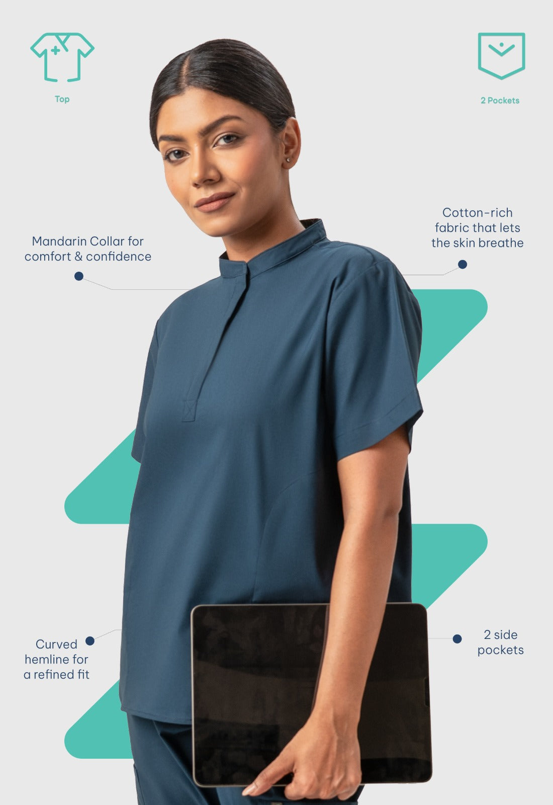 Mandarin Collar 2 Pocket Women's Cotton Scrub Top#Color_Air Blue