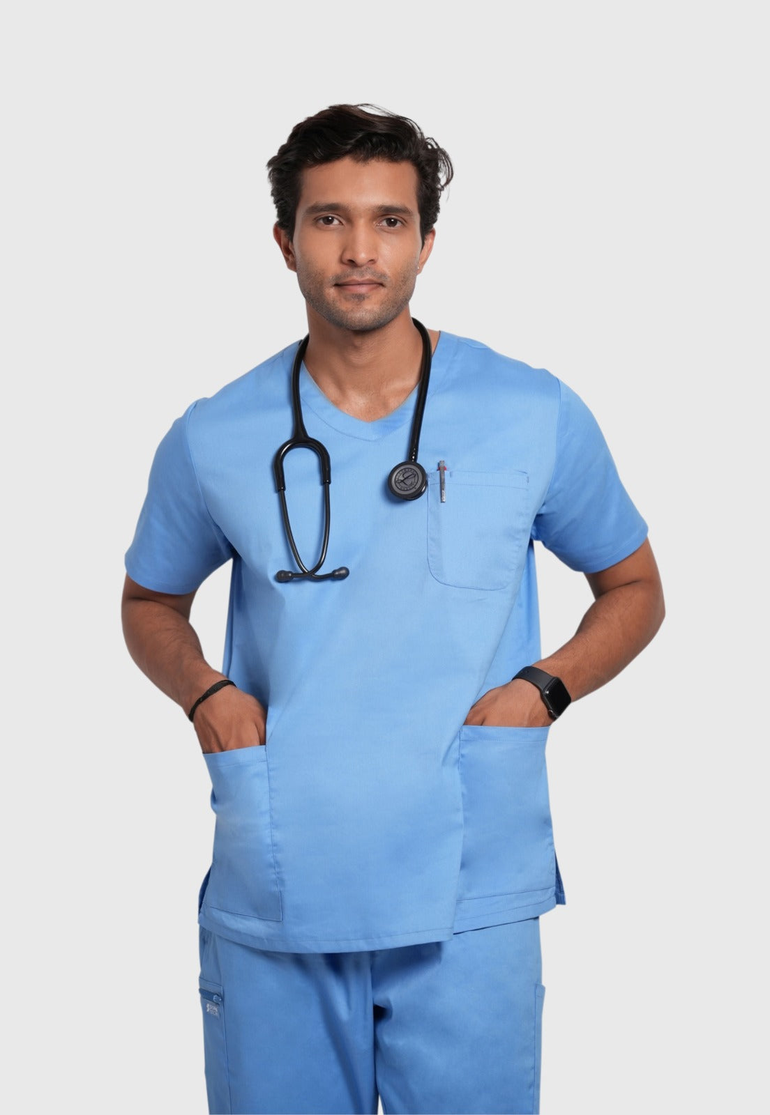 Scrub Top - Men's Cotton V-Neck 3 Pocket#color_Ceil Blue