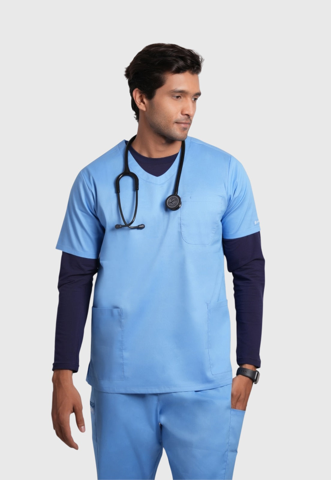 Scrub Set - Men's Cotton V Neck Top | Straight Pant | 7 Pocket#Color_Ceil Blue